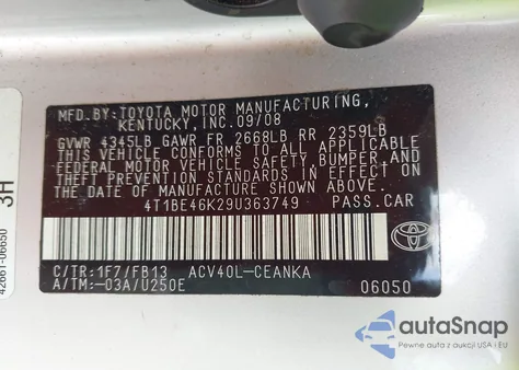 2009 Toyota Camry Le z USA, uszkodzony, nr VIN 4T1BE46K29U363749